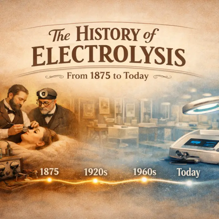 Illustration showing the history of electrolysis hair removal, from early medical electrolysis treatments in 1875 to modern electrolysis machines used for permanent hair removal today.