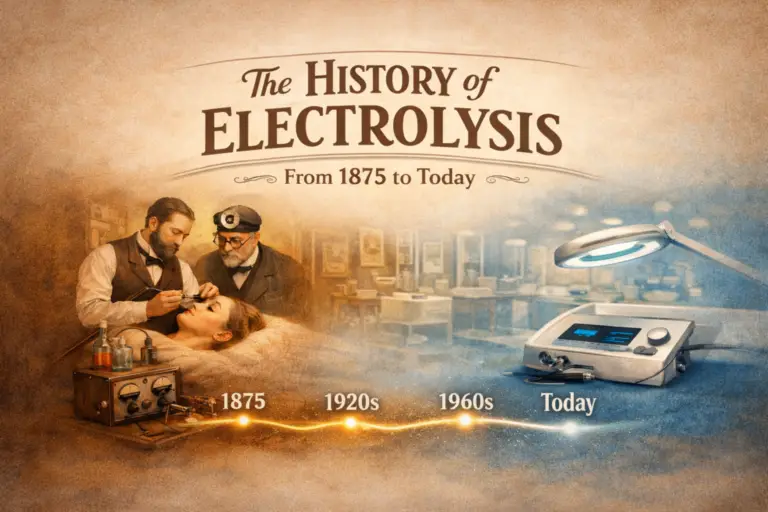 Illustration showing the history of electrolysis hair removal, from early medical electrolysis treatments in 1875 to modern electrolysis machines used for permanent hair removal today.
