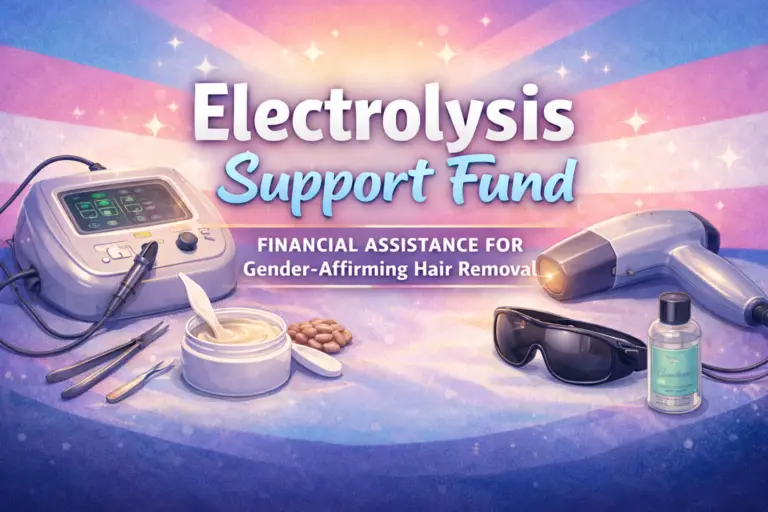 Electrolysis Support Fund graphic with transgender pride flag colors and hair removal tools representing financial assistance for gender-affirming electrolysis and laser hair removal.